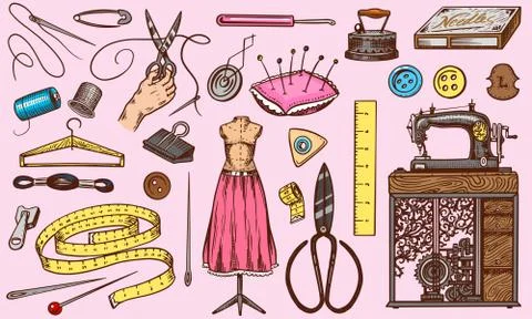 Set of sewing tools and elements or materials for needlework. Handmade equipment Illustrazione stock