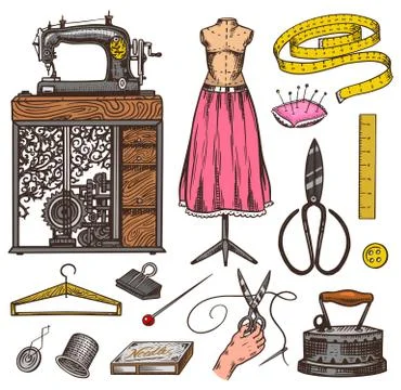 Set of sewing tools and elements or materials for needlework. Handmade equipment Stock Illustration