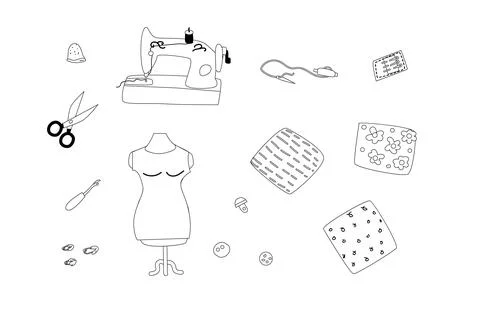 Set of sewing tools and machine elements outline Stockillustratie