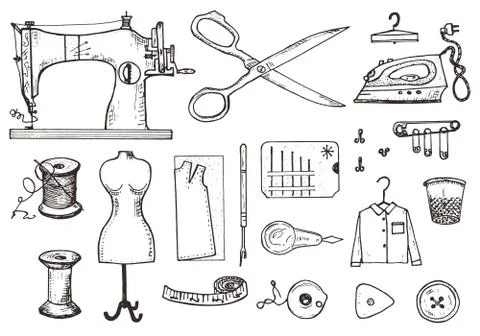 Set of sewing tools and materials or elements for needlework. Handmade equipment イラスト素材