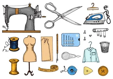 Set of sewing tools and materials or elements for needlework. Handmade equipment Stock Illustration