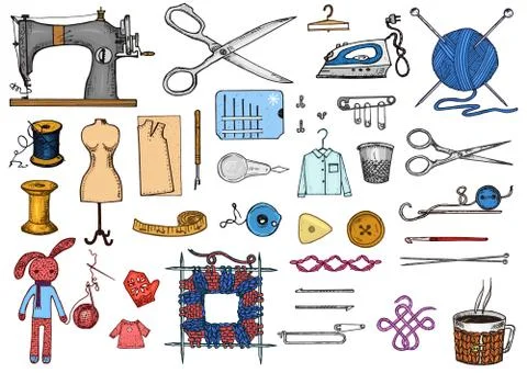 Set of sewing tools and materials or elements for needlework. Handmade equipment Stock Illustration