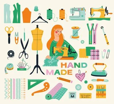 Set of sewing tools icons tailor girl hand made workshop Stock Illustration