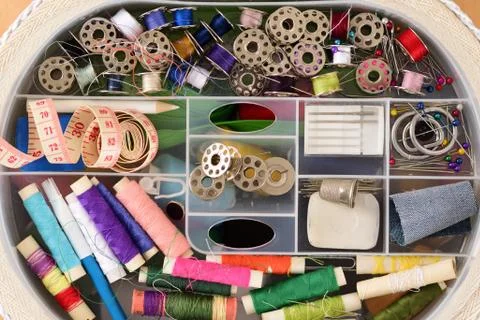 Set for sewing top view tool of the seamstress 스톡 사진