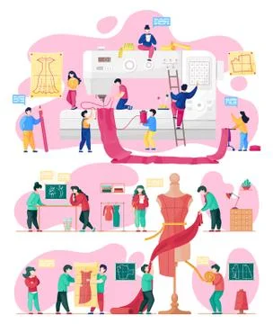 Set of sewing working process, designers sewing dress at sewing machine, concept Stock Illustration