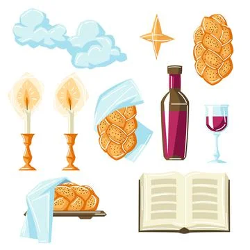 Set of Shabbat Shalom religious objects. Jewish symbols. Judaism concept Stockillustratie