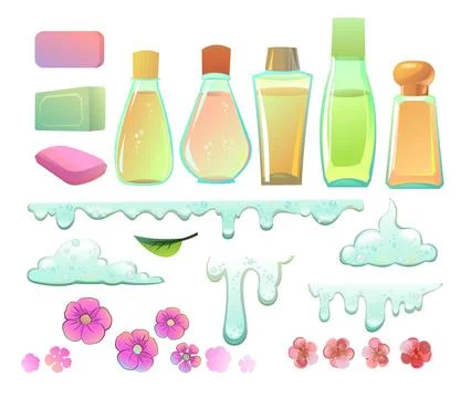 Set Shampoos and soaps with the scent of flowers. objects. Detergent for washing Stock Illustration