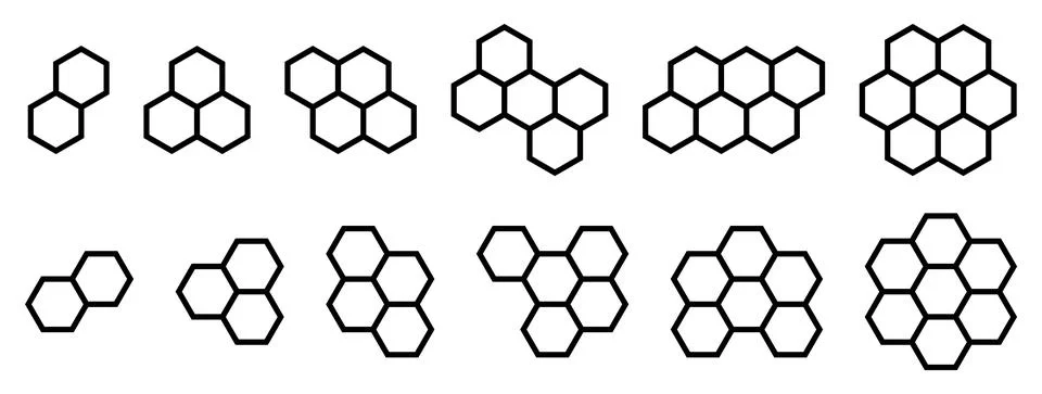 Set of shapes made from hexagonal or honeycomb six sided polygon Stock Illustration
