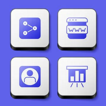 Set Share, Browser window, Create account screen and Board with graph chart icon Illustrazione stock