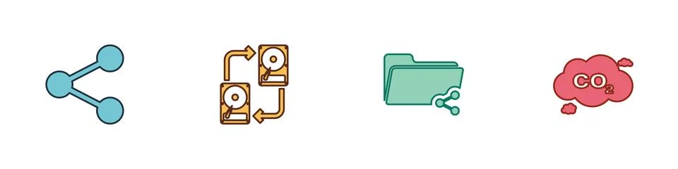 Set Share, Data exchange with hhd, folder and CO2 emissions in cloud icon 库存插图