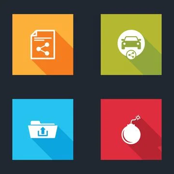 Set Share file, Car sharing, Folder upload and Bomb ready to explode icon Illustrazione stock