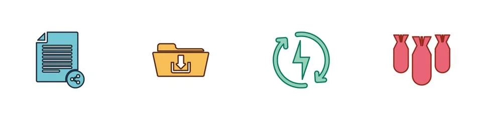Set Share file, Folder download, Recharging and Aviation bombs icon. Vector Stock Illustration