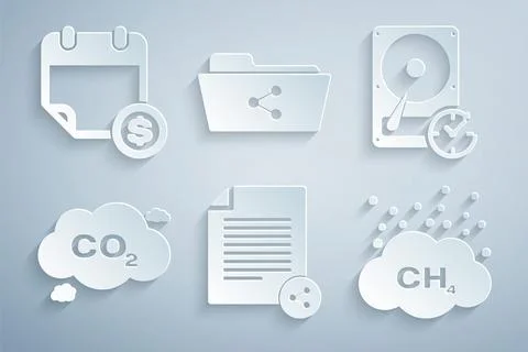 Set Share file, Hard disk drive with clockwise, CO2 emissions in cloud, Methane Stock Illustration