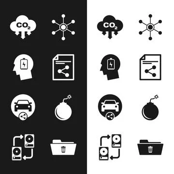 Set Share file, Head with low battery, CO2 emissions in cloud, Network, Car Stock Illustration