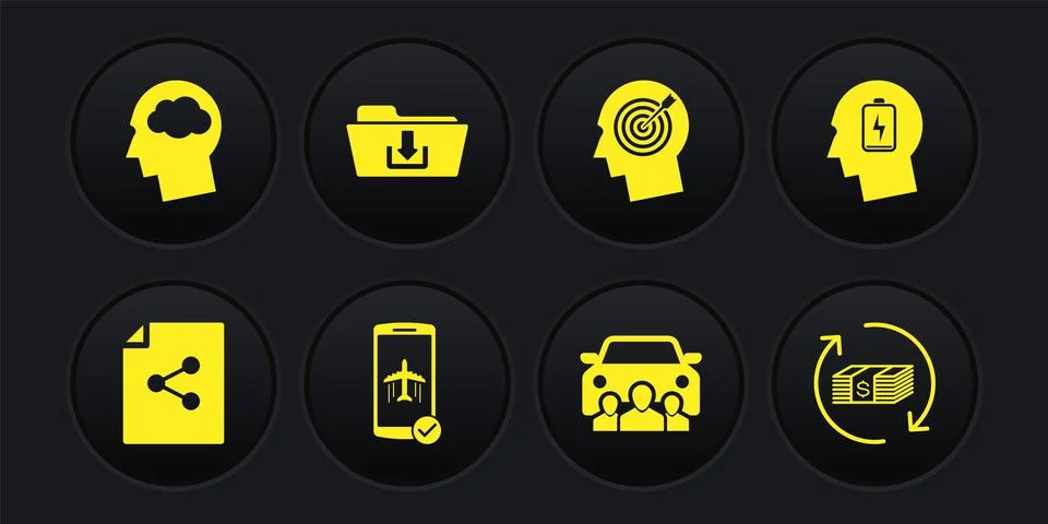 Set Share file, Head with low battery, Flight mode in the mobile, Car sharing Stock Illustration