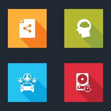 Set Share file, Head silhouette with cloud, Car sharing and Hard disk drive Illustrazione stock
