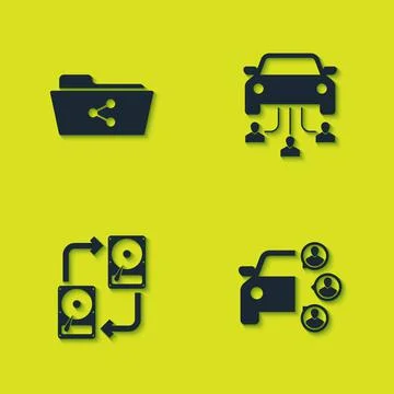 Set Share folder, Car sharing, Data exchange with hhd and icon. Vector Stock Illustration