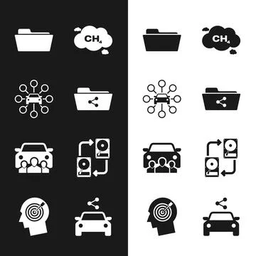 Set Share folder, Car sharing, Folder, Methane emissions reduction, and Data Stock Illustration