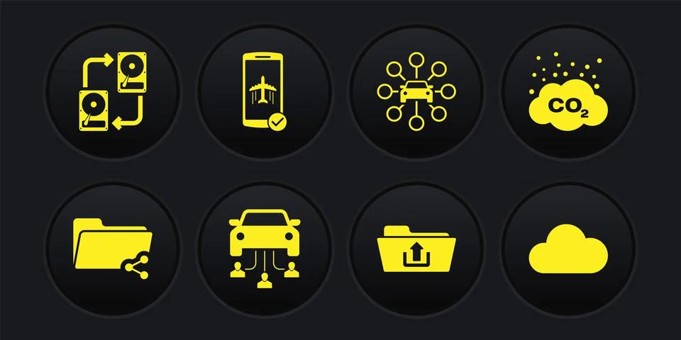 Set Share folder, CO2 emissions in cloud, Car sharing, Folder upload, and Fli Stock Illustration