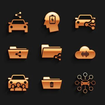 Set Share folder, Delete, Car sharing, Music streaming service, and icon. Vector 스톡 일러스트