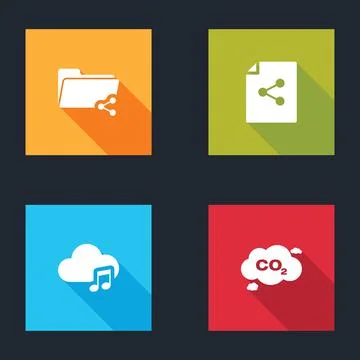 Set Share folder, file, Music streaming service and CO2 emissions cloud icon 스톡 일러스트