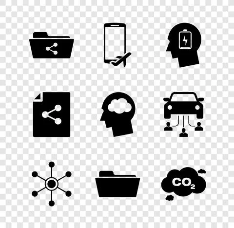 Set Share folder, Flight mode in the mobile, Head with low battery, Network Stock Illustration