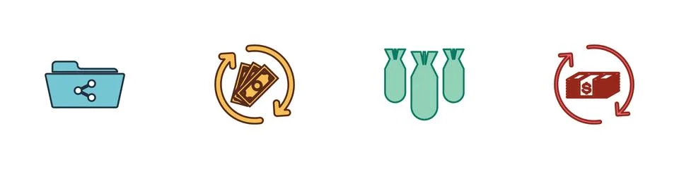 Set Share folder, Refund money, Aviation bombs and icon. Vector Stock Illustration
