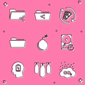 Set Share folder, , Refund money, Folder, Bomb ready to explode and Hard disk Stock Illustration
