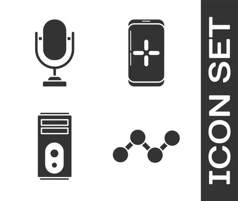 Set Share, Microphone, Computer and Smartphone and playing in game icon. Vector Illustrazione stock