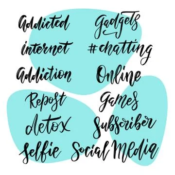 Set of Like Share Repost Subscribe hand lettering stickers. Typographic and c Stock Illustration