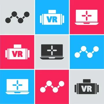 Set Share, Virtual reality glasses and Laptop icon. Vector 库存插图