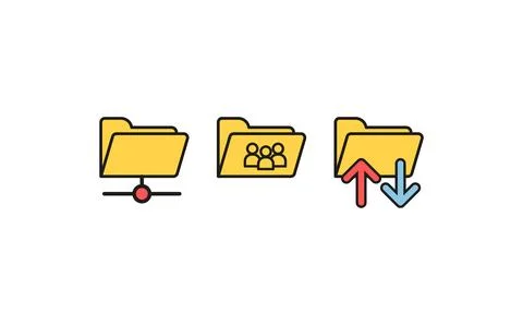 Set of shared folder icons in retro digital interface style with vintage Stock Illustration
