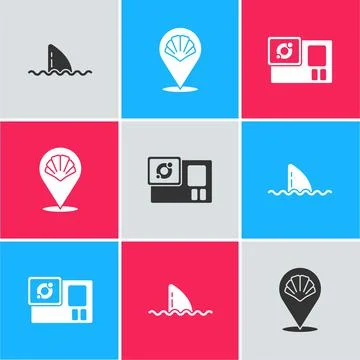 Set Shark fin in ocean wave, Scallop sea shell and Action camera icon. Vector イラスト素材