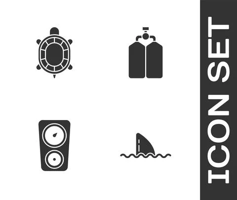 Set Shark fin in ocean wave, Turtle, Gauge scale and Aqualung icon. Vector 스톡 일러스트