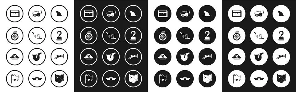Set Shark fin in ocean wave, Pirate eye patch, Compass, Antique treasure ch.. Stock Illustration