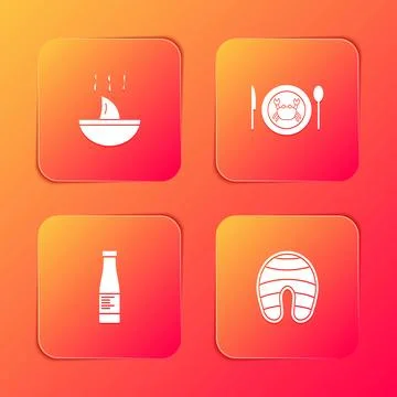 Set Shark fin soup, Served crab on plate, Sauce bottle and Fish steak icon. V Stock Illustration