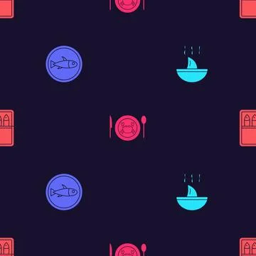 Set Shark fin soup, Served fish on plate, crab and Canned on seamless pattern Stock Illustration