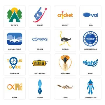 Set of shark mascot, chisel, alpha, snake head, tour guide, ostrich, airplane Illustrazione stock gratuita
