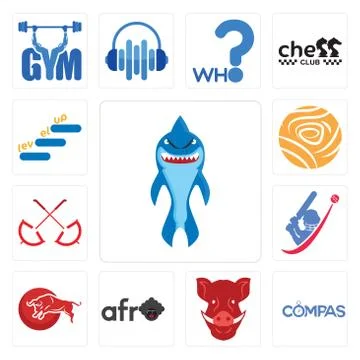 Set of shark mascot, compas, boars head, afro, bull, cricket, umbrella, golde Illustrazione stock gratuita