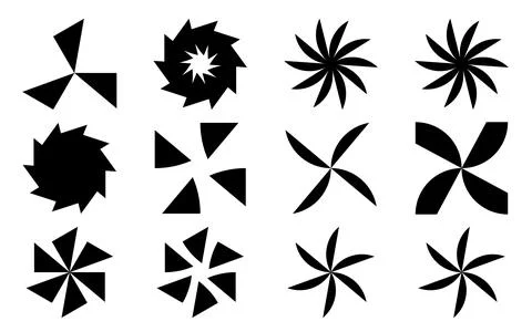 Set of sharp black geometric star and fan silhouettes, Abstract rotating bl.. Ilustración de archivo