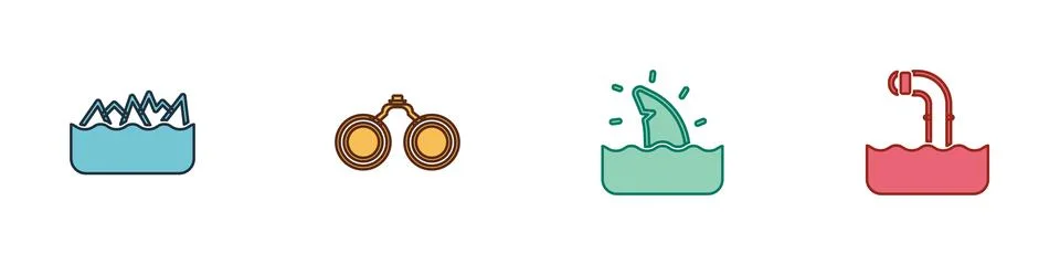 Set Sharp stone reefs, Binoculars, Shark fin ocean wave and Periscope icon Stock Illustration