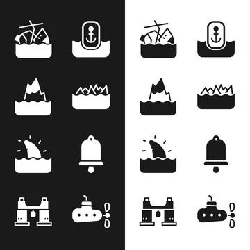 Set Sharp stone reefs, Iceberg, Sinking cruise ship, Location with anchor, Shark Stock-Illustration