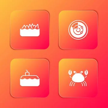 Set Sharp stone reefs, Radar with targets, Submarine and Crab icon. Vector Stock Illustration