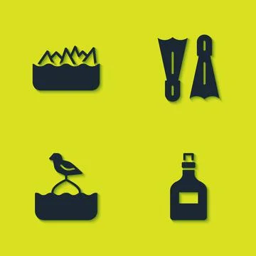 Set Sharp stone reefs, Rum bottle, Seagull sits buoy and Flippers for swimming Stock Illustration