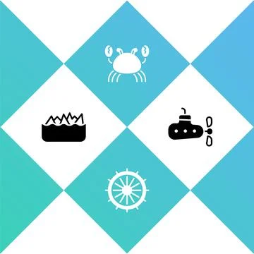 Set Sharp stone reefs, Ship steering wheel, Crab and Submarine icon. Vector Stock Illustration