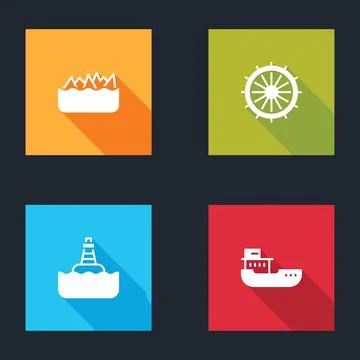 Set Sharp stone reefs, Ship steering wheel, Floating buoy and Cargo ship icon Stock Illustration