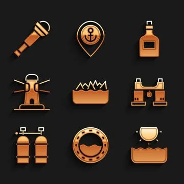 Set Sharp stone reefs, Ship porthole, Sun, Binoculars, Aqualung, Lighthouse.. Stock Illustration