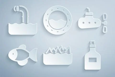 Set Sharp stone reefs, Submarine, Fish, Rum bottle, Ship porthole and Periscope Stock Illustration