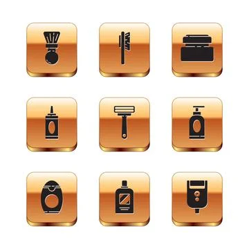 Set Shaving brush, Bottle of shampoo, razor, Cream lotion cosmetic tube Stock Illustration