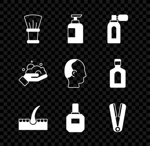 Set Shaving brush, Bottle of shampoo, Aftershave with atomizer, Human hair Stock Illustration